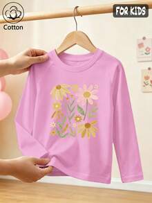 Girls Cotton Raglan Long Sleeve Tee, Autumn Winter Floral Print Top, Sweet Pastoral Charm Preppy Style - Light Wine Red - View 1