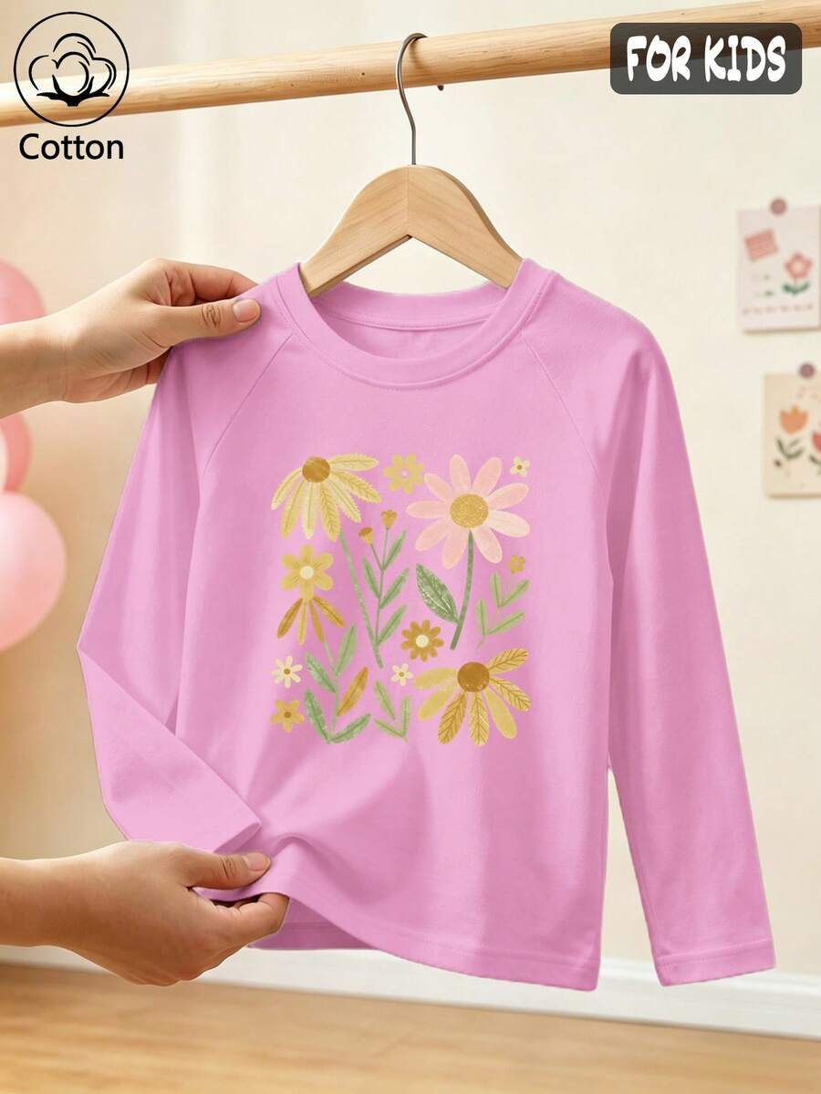 Girls Cotton Raglan Long Sleeve Tee, Autumn Winter Floral Print Top, Sweet Pastoral Charm Preppy Style - Light Wine Red - View 1
