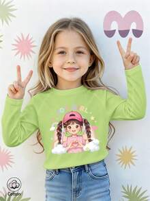 Girls Cotton Raglan Long Sleeve Tee For Fall Winter, Cartoon Rainbow Cloud Heart Girl Print, Cute Sweet Preppy Style - Fruit Green - View 2