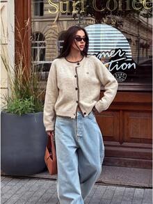 Women's Loose Knit Cardigan, Round Neck Contrast Trim Button Front Cardigan, Thanksgiving Christmas - Apricot - View 5