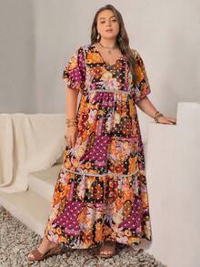 Rusttydustty Plus Size V-Neck Allover Print Short Sleeve Summer Dress - Red - View 1