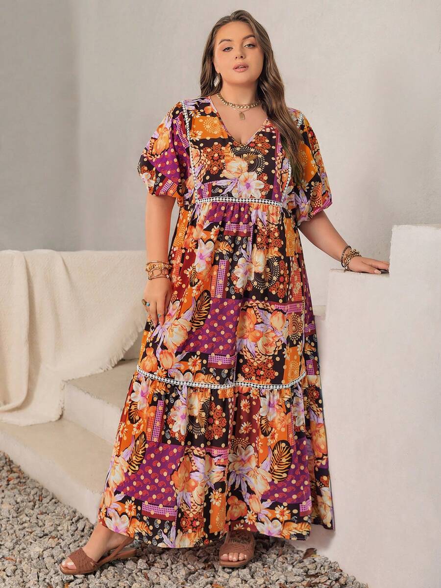 Rusttydustty Plus Size V-Neck Allover Print Short Sleeve Summer Dress - Red - View 1