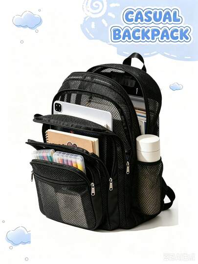 Ransel Jala Hitam Bernapas dengan Banyak Kompartemen, Tas Sekolah Siswa Kapasitas Besar, Ransel Kasual Jala Berongga, Tas Sekolah Kampus Ringan yang Meringankan Beban, Penyimpanan Berlapis Multi-Saku untuk Tablet, Buku, dan Alat Tulis, Desain Saku Botol Air Samping, Ransel Serbaguna Remaja Unisex, Ransel Sederhana untuk Perjalanan dan Komuter Sehari-hari, Tali Bahu Empuk Jala Bernapas, Ransel Laptop Kasual Kapasitas Besar, Ransel Komuter Kampus dan Perjalanan Singkat, Ransel Jala Tahan Aus Bernapas Praktis untuk Kelas Siswa dan Aktivitas Luar Ruangan