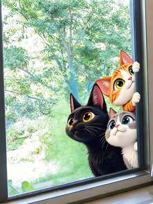 1pc Curious Three Cats Window Sticker, Cute Black, Orange And Grey Kittens, Removable Static Window Decal For Reading Nook Or Bedroom Windowsill With Books, Cottagecore Theme Art, Halloween Home Decor, School Decoration - Multicolor - View 6