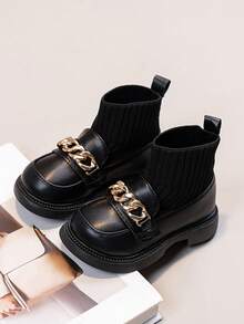 1 Pair Girls Baby Toddler Metal Buckle Decor Knitted Collar Comfortable Flat Elastic Boots, Suitable For Daily Wear In Autumn/Winter - Black - View 2