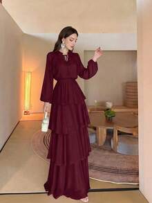 女款新款純色優雅小立領長袖蛋糕層拼接設計時尚奢華收腰顯瘦喇叭裙 - 酒紅色 - 查看 4