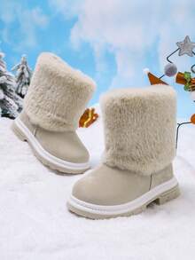 1 Pair Baby Girls Plush Snow Boots With Fleece Lining, Warm Flat Non-Slip Ankle Boots For Daily Outdoor Wear In Autumn And Winter - Beige - View 4