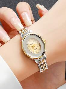 Women's Luxury Rhinestone Studded Digital Dial Quartz Watch, Elegant Two-Tone Alloy Band Wristwatch, Gift For Girlfriend (1pc/Set) Watch Box Not Included - Multicolor - View 5