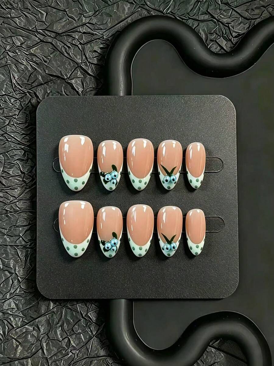 10pcs Handmade Press-On Nails, Short Almond Shape, Funny & Quirky Style, Nude Pink Base With Green Polka Dot French Tips, Green Twigs And Blueberry Decor, Playful & Cute Vibe, Suitable For Dates, Aesthetic Outfits, Street Wear, Includes Full Set Of Manicure Tools, Exclusive Gift For Girls - Green - View 1
