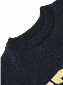 Men's Autumn/Winter Contrast Color Letter Jacquard Knit Sweater, Vintage Preppy Style Loose Drop Shoulder Crew Neck Pullover - Black - View 3
