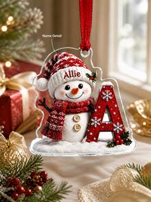 1pc Custom Text Snowman With Initial Letter Christmas Hanging Ornament, Knit Hat Scarf Snowman, Snowflake Holly Berry Decor, Personalized Custom Name, Christmas Tree Ornament, Christmas Gift, Custom Souvenir Gift For Family Friends - Multicolor - View 2