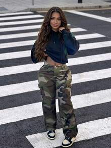 American Street Style Camouflage Cargo Straight Leg Jeans Casual Spring - Army Green - View 5