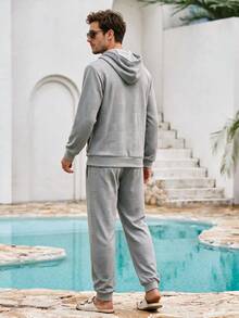 Mercer Haus Mens Jacquard Hoodie Sweatshirt Set, Textured Logo Pullover And Drawstring Cuffed Sweatpants, Spring Autumn Tracksuit - Grey - View 2
