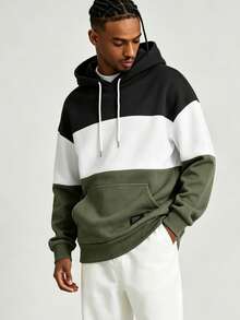 Men's Colorblock Warm Autumn/Winter Fashion Versatile Thermal-Lined Hooded Sweatshirt - Black and White - View 1