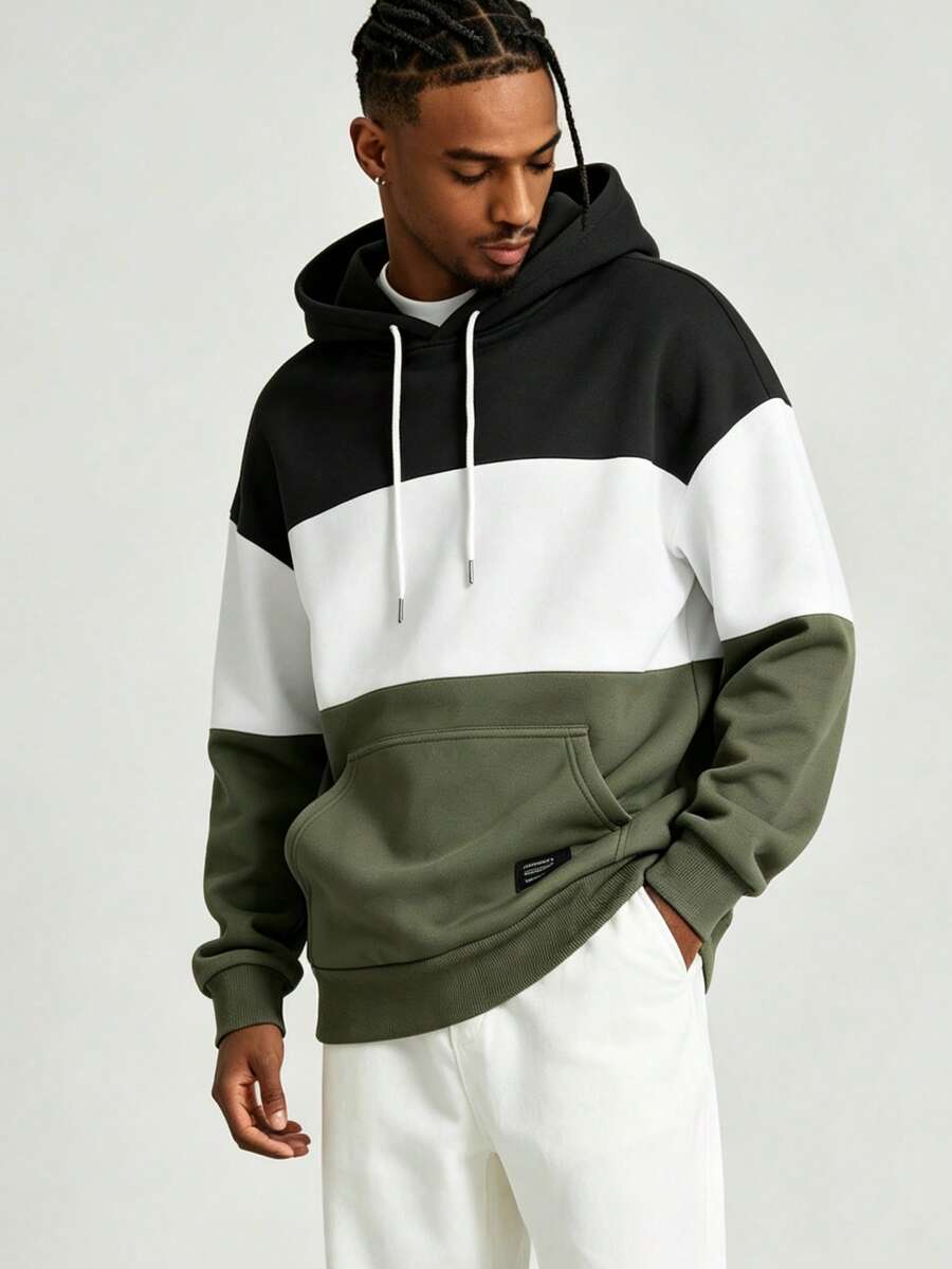 Men's Colorblock Warm Autumn/Winter Fashion Versatile Thermal-Lined Hooded Sweatshirt - Black and White - View 1