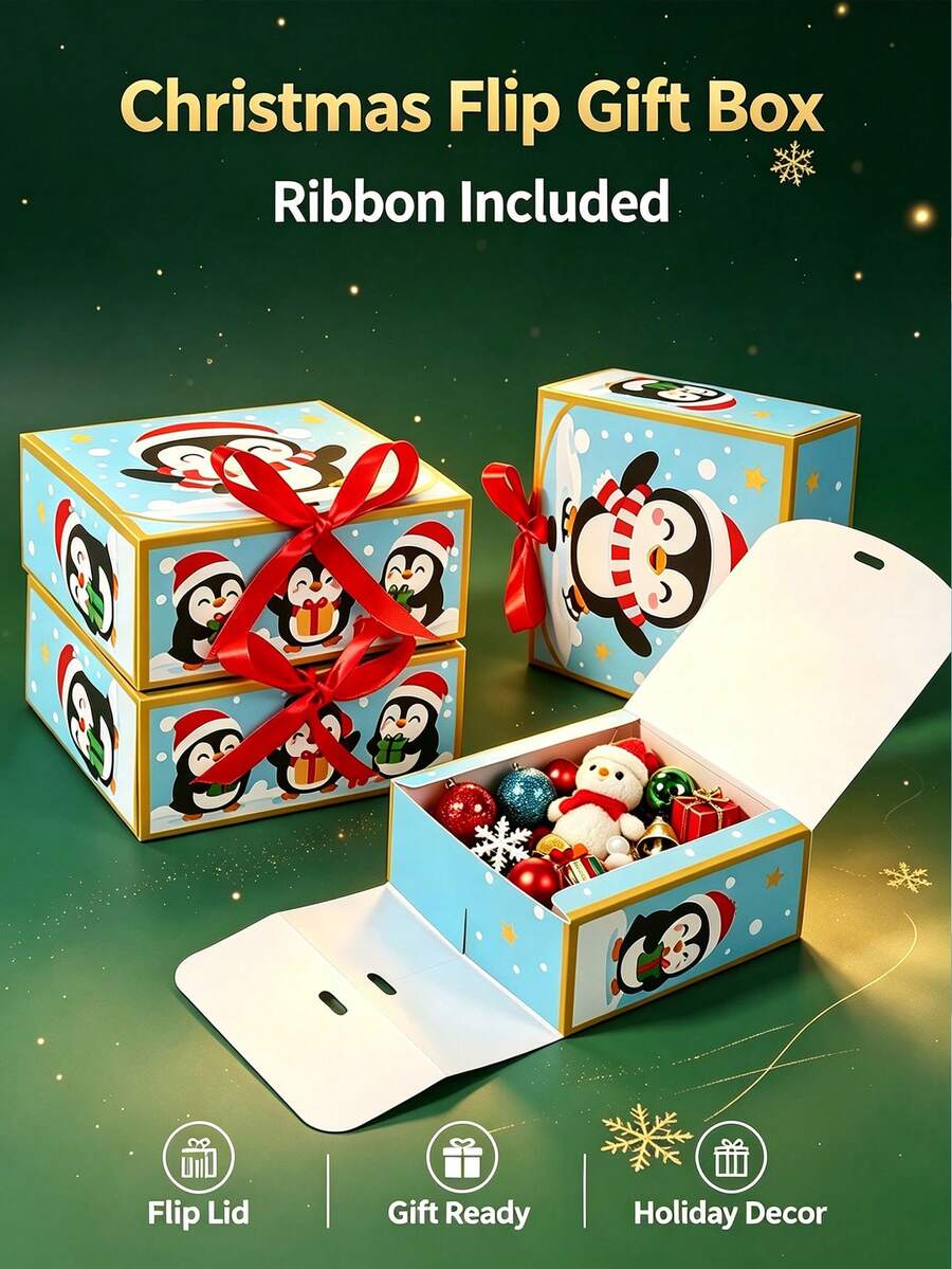5 Buah/Kotak Kado Natal Penguin Lucu 4,53"*4,53"*2,36" Kotak Kado Kertas Lipat untuk Pesta Natal, Permen, Kue, dan Kemasan Suvenir Liburan - View 1