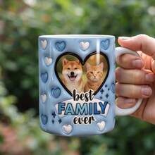 Customizable Blue Pet Photo Ceramic Mug, 11oz Capacity, Pink Heart Design, Best Family Coffee Cup, Personalized Gift For Dog And Cat Lovers - Blue - View 3