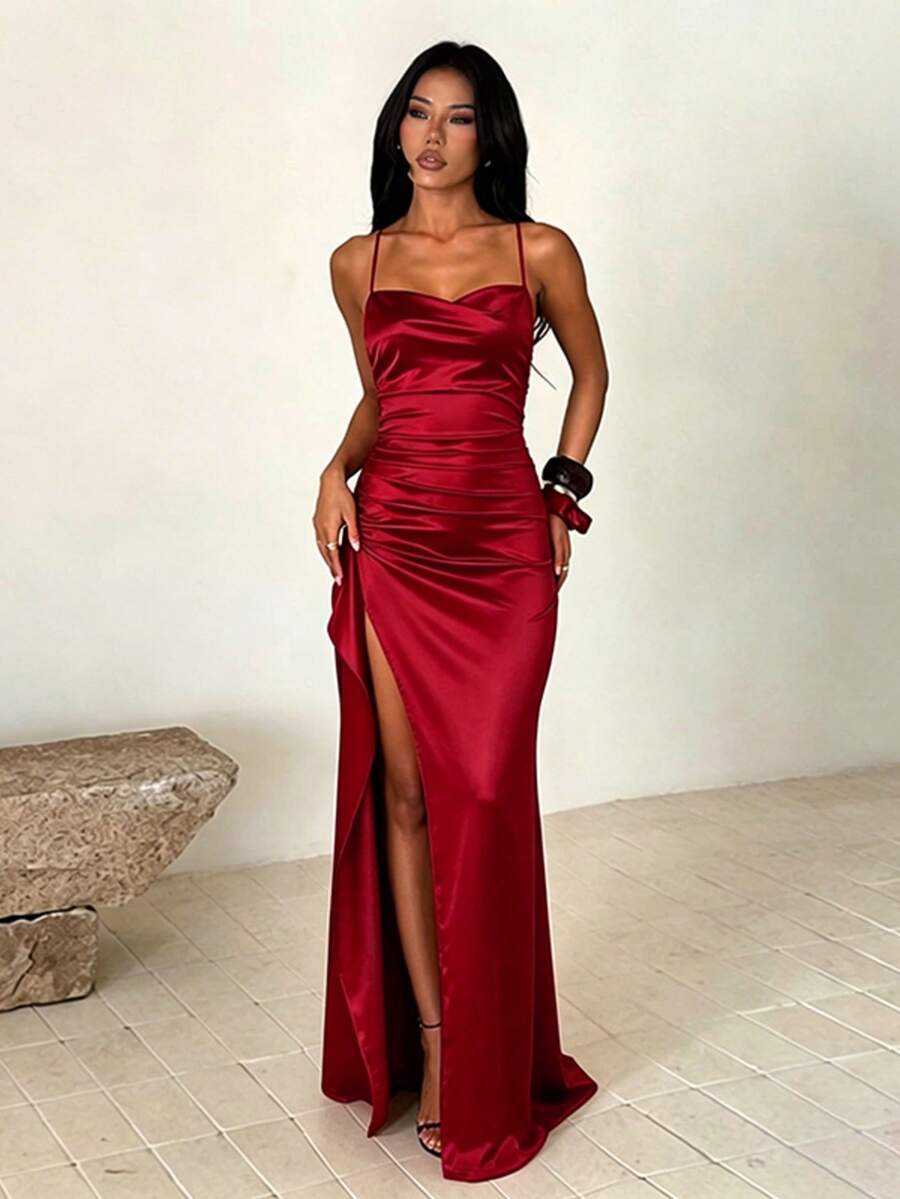 Elegant Pleated Waist Split Hem Dress For Autumn/Winter Party, Wedding Guest Gown, Luxury Evening Dress, Suitable For Halloween, Vacation, Beach, Birthday