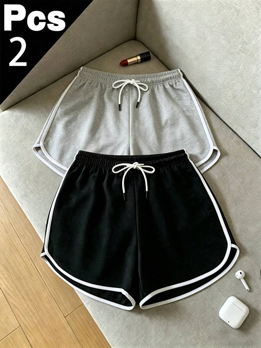 2件組女款夏季運動休閒短褲,黑色配白色飾邊,彈性抽繩腰頭,舒適涼爽透氣,適合日常穿著、運動、健身、戶外活動,送給女友、愛人、母親的完美假期禮物 - 彩色 - 查看 1