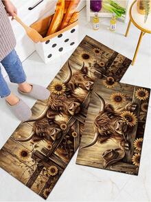 1/2pcs Autumn Floor Mat, Vintage Bull & Sunflower Pattern Diatomaceous Earth Mat, Super Absorbent, Non-Slip, Perfect For Bathroom, Kitchen And Dining Room, Quick Drying, Ideal Home Decor And Bathroom Mat Gift, Autumn Gift! - Multicolor - View 4