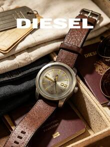 DIESEL Vintage Men's Watch Gold Dial Gold Logo Brown Leather Strap Minimalist Personalized Large Number Casual Wristwatch - Gold - View 3