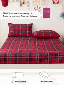 2/3pcs Red Plaid Print Fitted Sheet Set, Mattress Protector, Mattress Cover, Fits Various Bed Sizes-Twin, Full, Queen, King, Fits 9-12 Inch Deep Mattresses, Machine Washable, Suitable For Home Bedding And Student Dorm Bedding - Multicolor - View 2