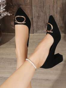 Spring/Autumn New Women's Square Toe Low-Cut Suede Chunky Heel High Heels With Metal Buckle, Versatile Fashionable Elegant - Black - View 5