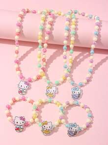 2pcs Sanrio Kids Jewelry Accessories Cute Kitty Pendant Beaded Bracelet Necklace Set, Suitable For Holiday Parties, Campus Birthday Gifts For Girls - Multicolor - View 7