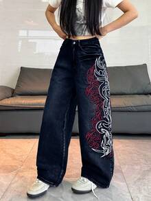 1pc Women's Loose Fit Embroidered Wide Leg Jeans, Comfortable Casual High Street Versatile Denim Pants (Belt/Accessories Not Included) Spring Fall - Dark Wash - View 4