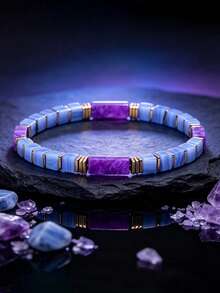 Natural Amethyst & Blue Lace Agate Square Beaded Bracelet - Anxiety,Inner Peace, Bohemian Stackable Crystal Jewelry Gift For Women Men Daily Wear - Multicolor - View 5