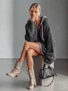 Women's Colorblock Hooded Drawstring Drop Shoulder Ribbed Long Sleeve Oversized Loose Knit Dress, Plush Soft Cozy, Fall Winter Vintage Versatile - Dark Grey - View 2