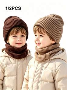 1/2PCS Kids Unisex Autumn/Winter Warm Knitted Vertical Striped Solid Color Pattern Versatile Hat & Scarf 2 Pieces Set Knitted Beanie - Vertical Stripes - View 34