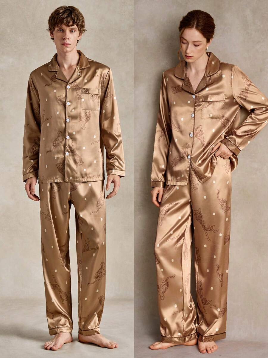 EverLounge Men's And Women's Satin Printed Pajama & Loungewear Sets – Elegant, Premium "Old Money" Style For Couples - brown - View 1