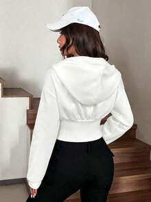 Pure Desire Style Slimming Hooded Jacket, Batwing Sleeve Ruched Chest Ribbed Waist Crop Top, Hot Girl Exclusive Asymmetrical Hem Waist-Cinching Hooded Outerwear, Fashion Sporty Style - White - View 2