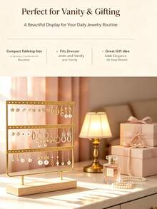 1pc Neutral Detachable Pendant Necklace Display Stand (Wooden Base), Multi-Row Jewelry Storage Rack, Suitable For Earrings, Jewelry, Hoop Earrings And Pendant Earrings, Can Be Placed On Vanity, Suitable For Bedroom And Vanity Use - Gold - View 9