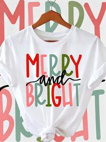 MERRY AND BRIGHT Letter Print T-Shirt, Short Sleeve Crew Neck Casual Top For Summer & Springjas Women Halloween Kostüm Damen - White - View 1