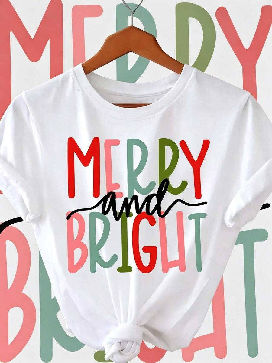 MERRY AND BRIGHT Letter Print T-Shirt, Short Sleeve Crew Neck Casual Top For Summer & Springjas Women Halloween Kostüm Damen - White - View 1