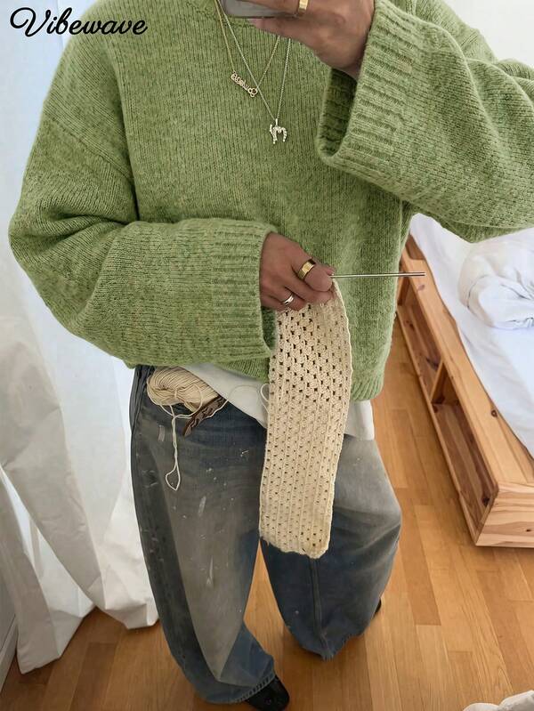 VIBEWAVE Halloween Light Gray American Vintage Home Casual Crew Neck Sweater Autumn/Winter Slouchy Dropped Shoulder Loose Wide Sleeve Premium Knit Top