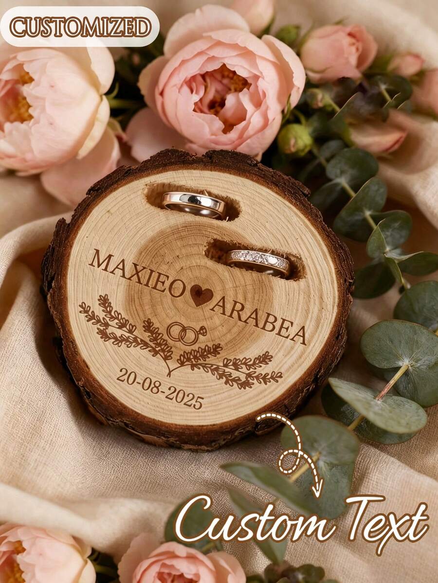 Personalized Wooden Ring Box, Customized Round Engagement Ring Box, Dual Ring Storage Box, Customized Wedding Accessories, Wedding Ring Box, Valentine's Day Gift, Gift For Her, Newlywed Couple Gift, Wedding Gift, Exquisite And Romantic - Multicolor - View 1