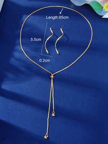 3pcs/Set Minimalist Basic Gold Y-Shaped Long Pendant Necklace & Spiral Stud Earrings Business Office Jewelry Set - Gold - View 5