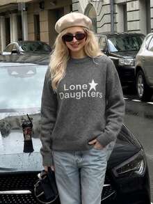 Women's New Autumn/Winter Knit Crew Neck Pullover Sweater With "Lone Daughters" Letter Pattern, Casual Commute College Style Knit Sweater - Grey - View 4