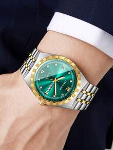 Men's Premium Gold-Tone Alloy Band Watch, Roman Numeral Rhinestone Dial With Date Display, Business Casual Versatile Quartz Wristwatch (1pc/Set) Watch Box Not Included - Multicolor - View 3