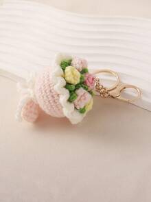 1pc Cute 3D Crochet Flower Bouquet Shaped Bag Charm, Sweet Style Pink Keychain, Girls Daily Carry Bag Pendant, Holiday Gift - Flowers - View 6