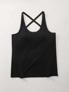 Women's Solid Color Cross Back Spaghetti Strap Cami With Removable Pads, Loose Fit Yoga Tank Top, Casual Workout Gym Cover Up Shirt - Black - View 5