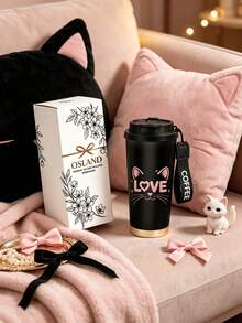 1pc/5pcs 500ml Cute Cat Heart Travel Mug, Double-Wall Stainless Steel Insulated Cup, Cute Pink Cat Ear & LOVE Letter Print Design, Portable Coffee Cup With COFFEE Print Lanyard, Leak-Proof Insulated Mug, Suitable For Daily Commute, Outdoor & Travel - Black-kitty Love - View 1