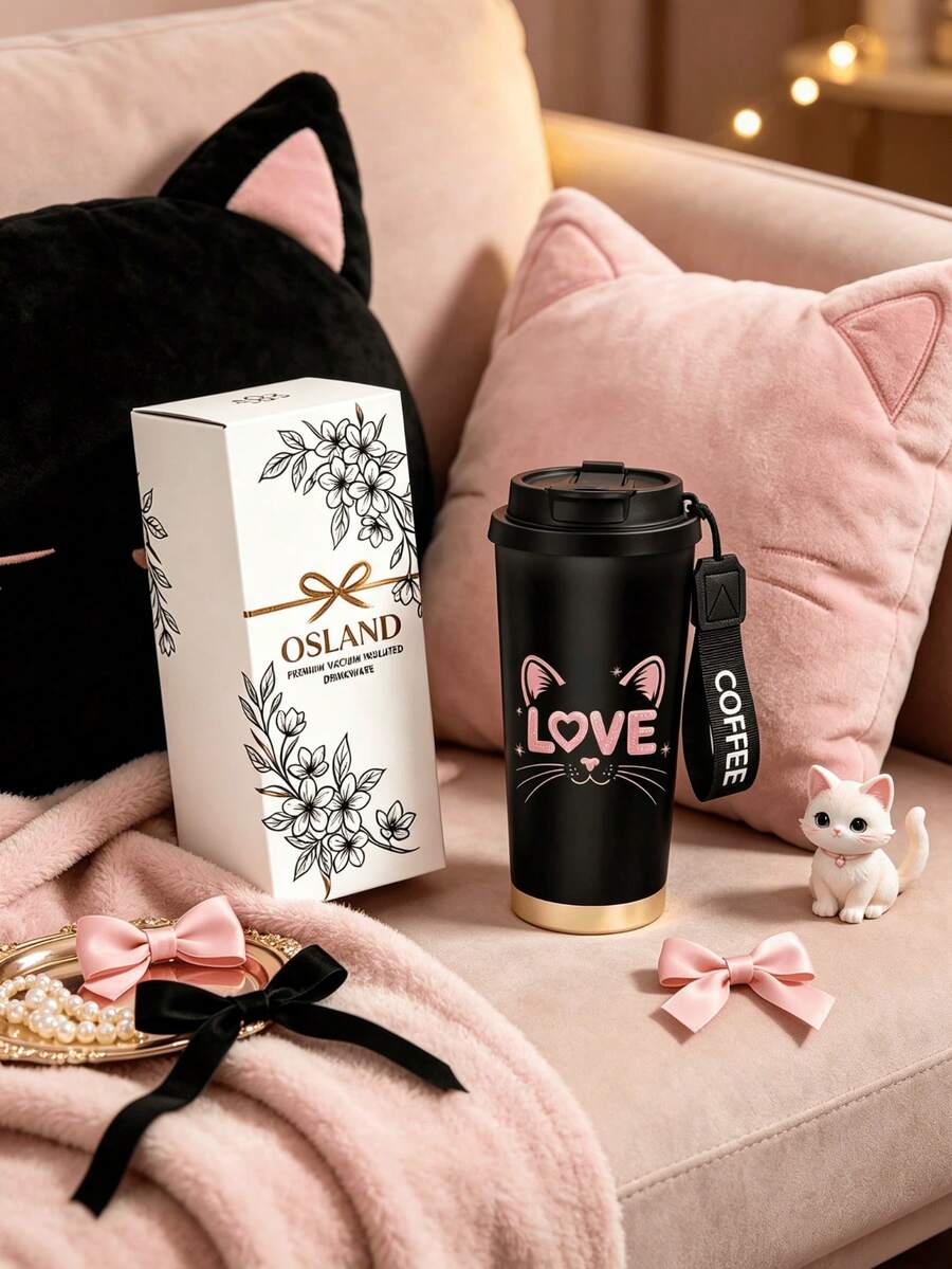 1pc/5pcs 500ml Cute Cat Heart Travel Mug, Double-Wall Stainless Steel Insulated Cup, Cute Pink Cat Ear & LOVE Letter Print Design, Portable Coffee Cup With COFFEE Print Lanyard, Leak-Proof Insulated Mug, Suitable For Daily Commute, Outdoor & Travel - Black-kitty Love - View 1