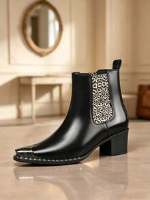 QRLQRL Autumn/Winter Men's Glossy Straight-Leg Boots, Patterned Elastic Fabric With Metal Toe Cap And Square Heel, Fashion Boots For Social Gatherings And Photo-Worthy Events - Black - View 1