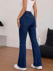 Women Single-Breasted Buttoned Flared Jeans, Slim Fit And High Elasticity Casual Spring Fall - Dark Wash - View 2