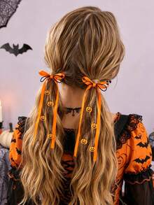2pcs Pumpkin Ribbon Hair Clips, Cartoon Pumpkin Pendant Orange Ribbon Bow Beads Hair Clips, Halloween Party, Cosplay And Dress Up - Multicolor - View 2