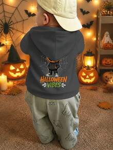 [Halloween] 1 Stück Jungen Dunkelgrau Kapuzenpullover HALLOWEEN VIBES Streetwear Cool Kürbiskopf Spinnennetz Halloween Locker Lässig Unisex Top - Dunkelgrau - Übersicht 7